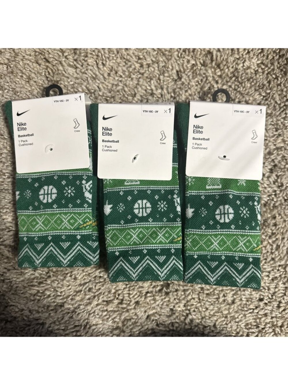 3X Nike Elite Socks Youth 10C-3Y Green Crew Christmas Sweater Basketball